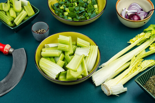 Celery stalks, green stalks, freshly harvested.
