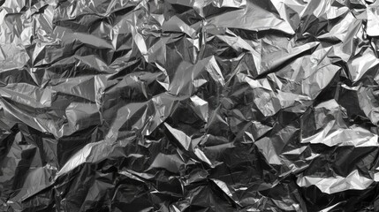 Crumpled aluminum foil texture features multiple folds and creases, creating a shiny, reflective surface with various shades of gray and silver.