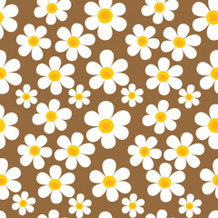 A seamless pattern of white daisy flowers with yellow centers scattered across a brown background.