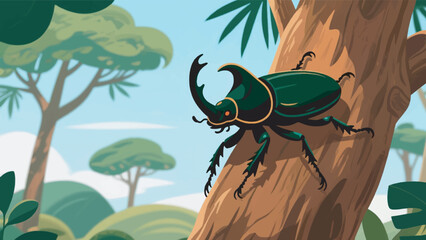Illustration Of A Rhinoceros Beetle With Horns Crawling On A Tropical Tree Trunk At Night Vector Design Template © BedRoses