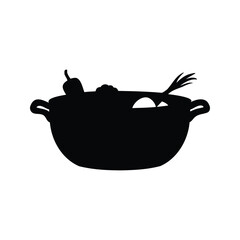 Stylized black silhouette of a cooking pot full of vegetables on white, pan with vegetables silhouette vector illustration