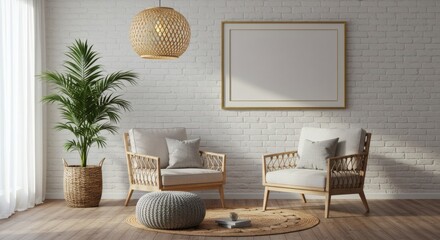 Serene Scandinavian Living Room with Rattan Chairs, Palm Plant, and Textured Pouf