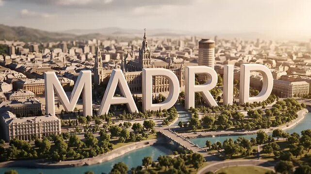 Animated 3D Miniature Madrid City Model Transforms from Map to Realistic Cityscape with Giant Text