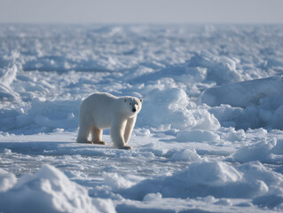 Polar bear standing alone on small ice floe in Arctic, surrounded by vast frozen sea and snow, conveying sense of solitude and vulnerability in cold environment