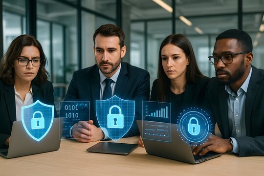 Business Team Collaborating on Cybersecurity and Data Protection Strategy
