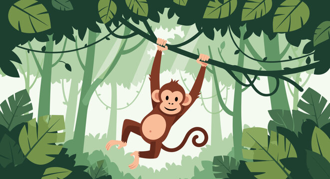 Happy cartoon monkey swinging playfully on a jungle vine with lush green leaves and trees, cute primate character, vector illustration isolated on transparent background.