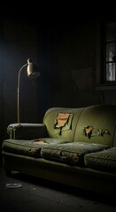 Old Damaged Sofa in Dark Room.