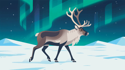 Illustration Of A Thick Furred Reindeer Walking In A Polar Snowfield With Aurora In The Sky Vector Design Template © BedRoses