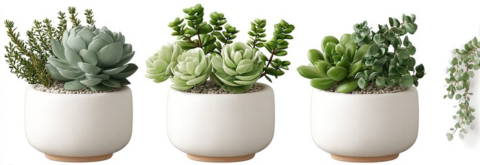 Three succulent plants in white ceramic pots