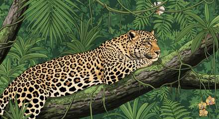 Naklejka premium Detailed vector illustration of a majestic leopard relaxing on a thick tree branch surrounded by lush tropical jungle foliage and isolated on transparent background.