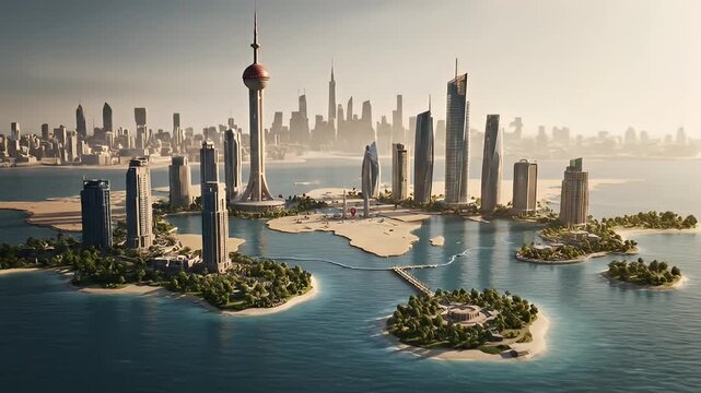 Futuristic Doha Skyline in Qatar: Modern Architecture and Cityscape, Animated Map Transition