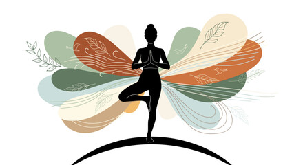 Vector illustration of a woman's silhouette in a yoga meditation pose with abstract, flowing botanical wings in earthy tones, isolated on transparent background.