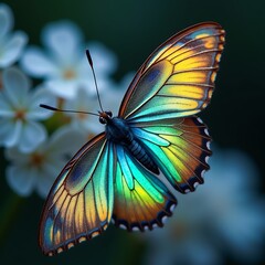 Iridescent butterfly with vibrant wings, delicate details, soft floral bokeh background, natural beauty, macro photography, perfect for design.
