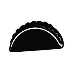 Black and white illustration of a delicious empanada with a patterned edge, taco with salsa silhouette vector illustration