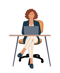 Flat vector illustration of a professional businesswoman in a suit sitting at office desk, working on laptop, front view, isolated on transparent background, modern workplace concept