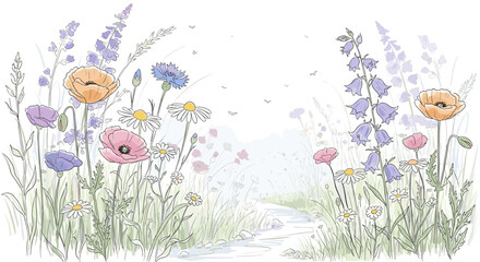 Hand-drawn vector illustration of a colorful wildflower meadow with poppies and lavender, isolated on transparent background. Botanical floral art svg.