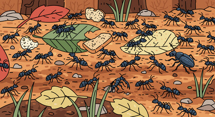 A colony of black ants foraging for food on the forest floor, a detailed scene with leaves. Hand-drawn nature wildlife teamwork svg vector illustration.