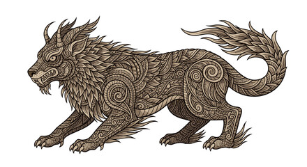 Detailed fantasy wolf beast with ornamental leaf patterns in a vintage engraving style. Mythical creature svg vector isolated on transparent background.