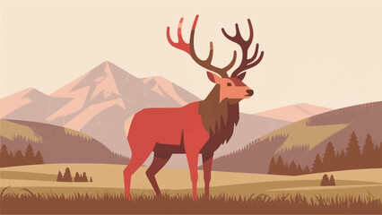 Illustration Of A Red Deer Standing Proudly In A European Meadow With A Mountain Backdrop Vector Design Template