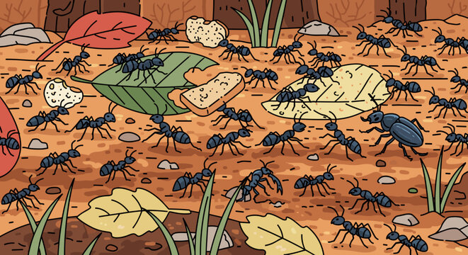 A colony of black ants foraging for food on the forest floor, a detailed scene with leaves. Hand-drawn nature wildlife teamwork svg vector illustration.