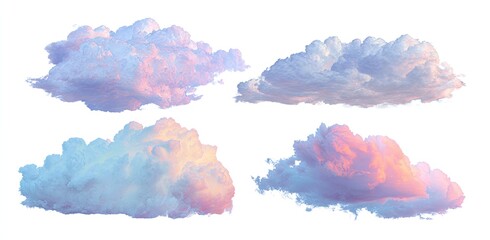 Four pastel-hued cumulus clouds against a white background