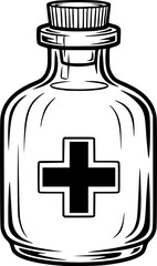 Obraz premium a black and white drawing of a medicine bottle with a cross on it, vector illustration
