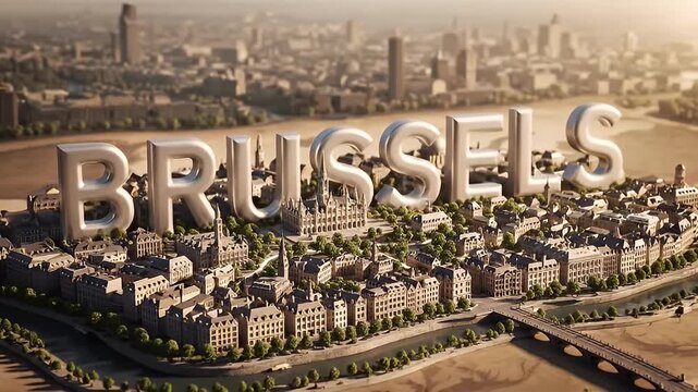 Animated 3D Map of Europe Zooms into Brussels, Belgium, Revealing Cityscape and Text