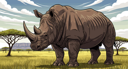 Fototapeta premium A majestic wild African rhinoceros standing powerfully in its natural savanna habitat, a detailed vector illustration, svg, isolated on transparent background.