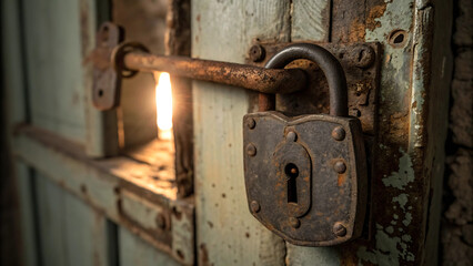 Old rusty padlock on a weathered door with a light shining through a crack