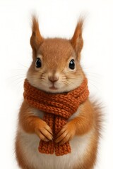 Obraz premium Adorable red squirrel in an orange knitted scarf, fluffy fur and bright eyes, isolated on a white studio background with a cozy autumn vibe.