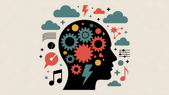 Silhouette of a human head filled with colorful gears and surrounded by abstract symbols of thought and creativity