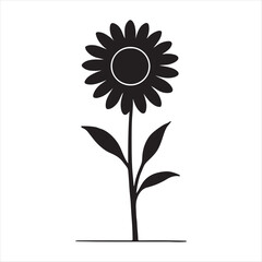 Simple black silhouette of a single sunflower with stem and leaves on a white background