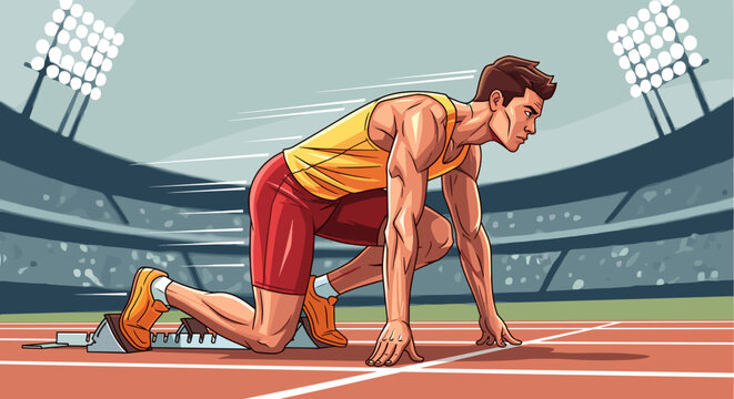 Dynamic male runner in starting blocks on stadium track, poised for sprint, a powerful vector illustration isolated on transparent background. svg