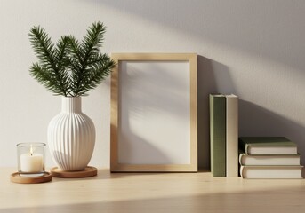 Serene Still Life: Frame, Vase, Candle, and Books in Soft Light