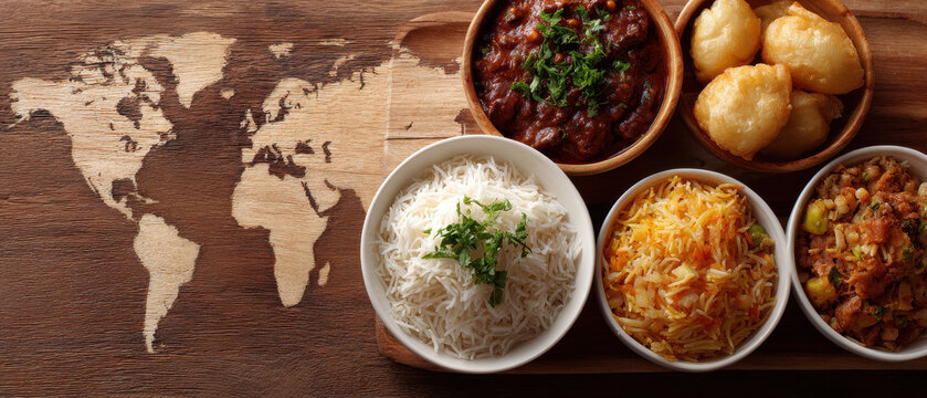 Global cuisine concept, world map wood, rice bowl, curry bowl, street food vibes