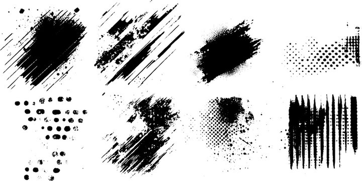 Abstract ink strokes for text copy space and poster title templates. lower third design elements of brush stroke and splashes of line with dot halftone pattern ornaments.