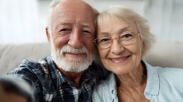 Close up portrait of a happy smiling elderly couple posing together indoors