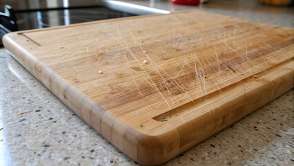 Used wooden cutting board with knife marks on a granite countertop