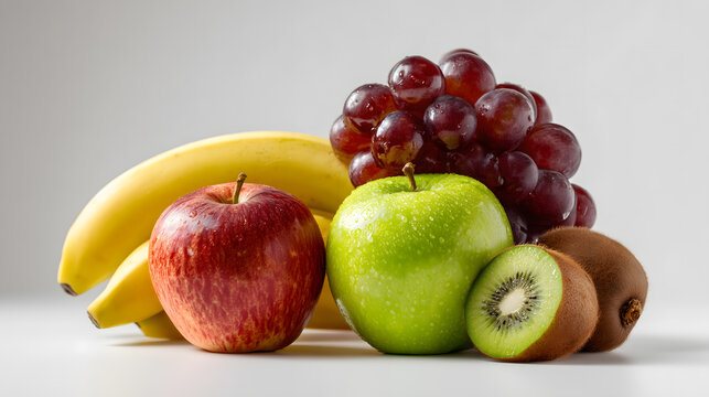 Fresh assorted fruits apple banana kiwi grapes - Powered by Adobe