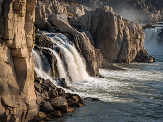 Majestic waterfall cascades over ancient eroded rock, surrounded by rugged cliffs and flowing river, creating tranquil and powerful natural landscape scene