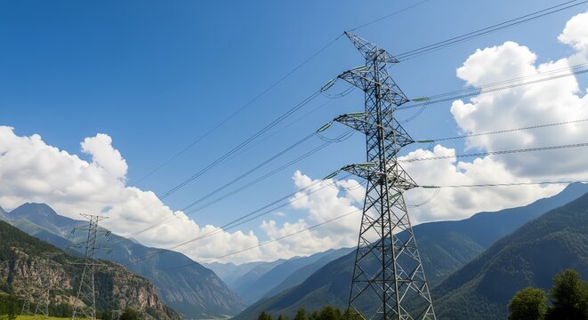 High-voltage power transmission lines crossing through mountain landscape under a clear blue sky. Concept of energy distribution