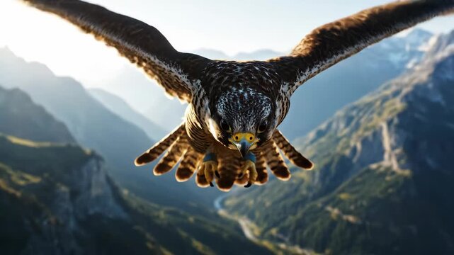 Peregrine falcon dive. Soaring Bird of Prey Gliding Over Mountain Valley Close Up