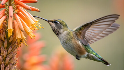 Hummingbird feeding on nectar from orange aloe vera flower in the garden