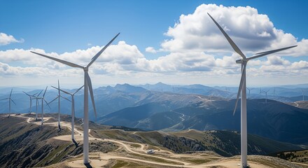 Scenic view of a wind farm on mountain ridges with giant wind turbines under a bright blue sky and fluffy clouds.