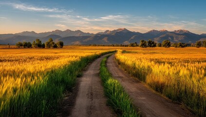 Fototapeta premium Golden field road leading to mountains at sunset