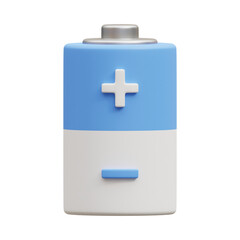 3D Stylized Battery Illustration with Blue Positive Terminal and White Negative Segment
