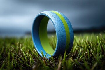 Close-up of a ring, teal blue with lime green accent, resting on grass.  Cloudy, soft-focus background