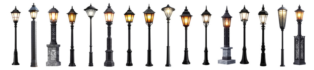 PNG Lamp post. Decorative street lamp-post isolated. Modern Lamp post street road light pole, element set on transparent background