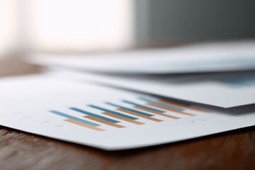 Fototapeta premium Financial report, bar chart, paper, document convey focus and progress on wood desk