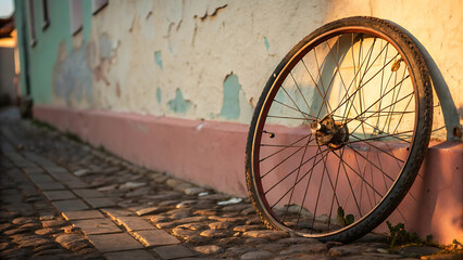 Old bicycle wheel leaning against the wall in the street at sunset time